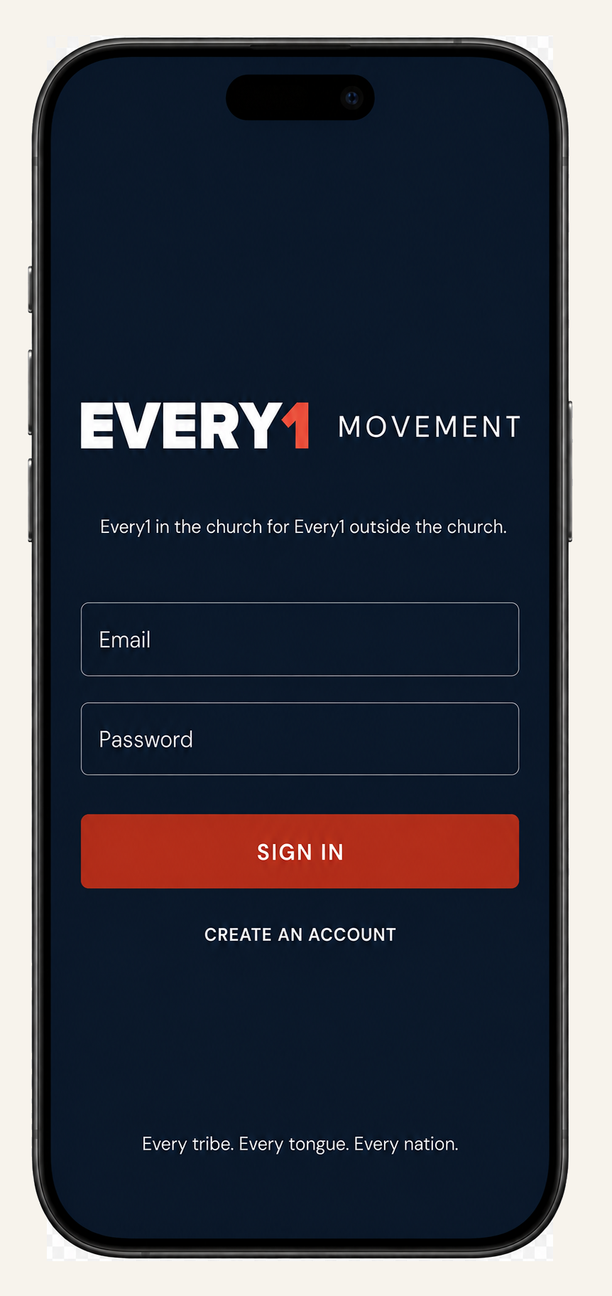The EVERY1 app sign-in screen: the horizontal lockup reversed on Midnight, an Ember primary button, and the vision line at the foot.