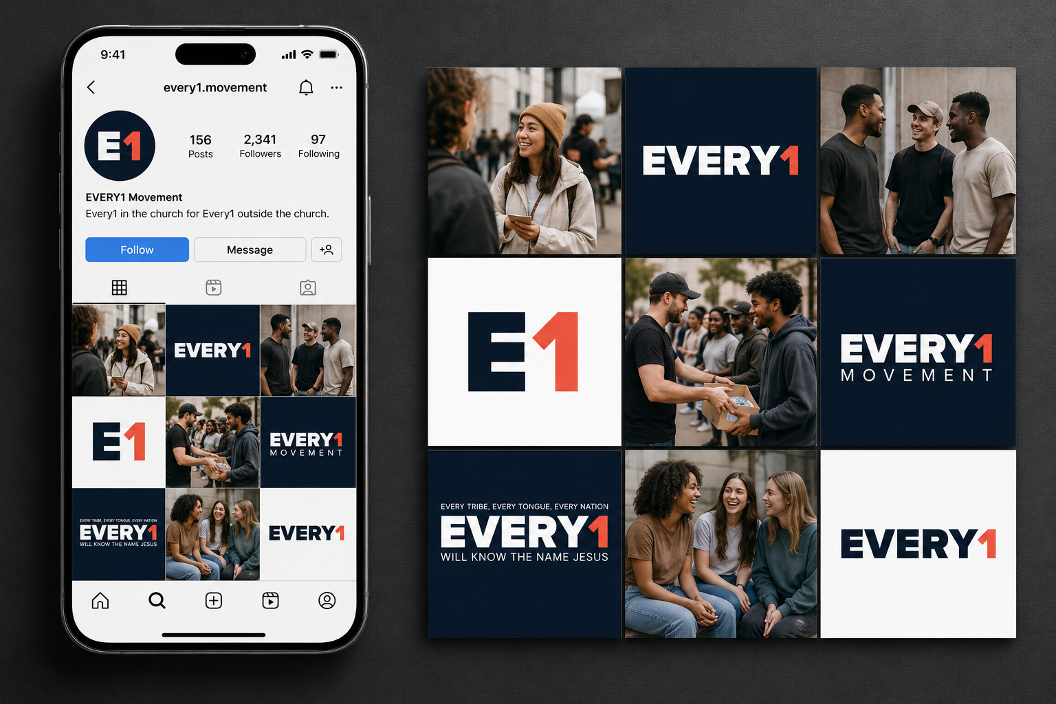 An EVERY1 social profile and grid, the E1 icon as the avatar.